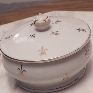 Nasco Stoneware VTG White Trinket Dish Gold Gilt Fleur de Lis Japan